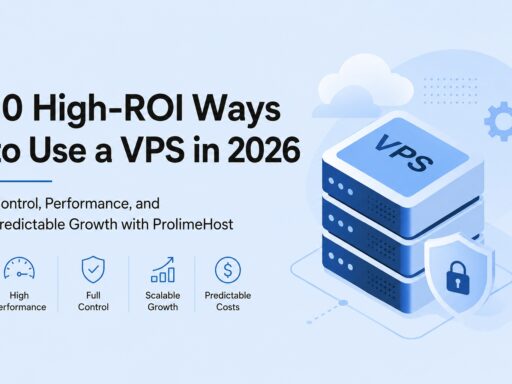 Infographic banner announcing '10 High-ROI Ways to Use a VPS in 2026' with a blue VPS server illustration and four feature icons: High Performance, Full Control, Scalable Growth, Predictable Costs.