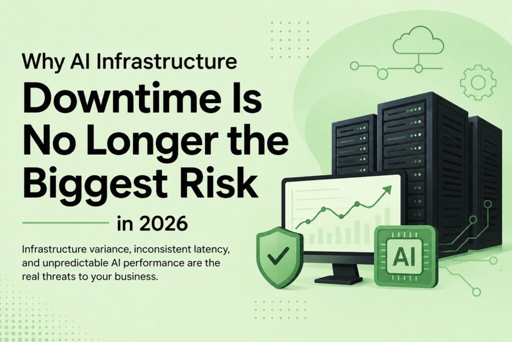 AI infrastructure downtime is no longer the biggest risk | Blogs Infographic-style image with the headline 'Downtime Is No Longer the Biggest Risk in 2026' next to illustrations of server racks, a monitor showing a rising chart, an AI chip, and a green shield—conveying IT infrastructure resilience.