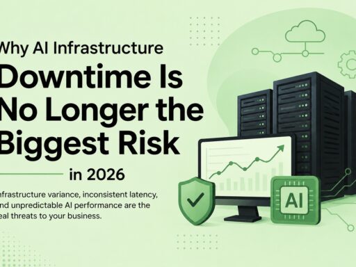 Infographic-style image with the headline 'Downtime Is No Longer the Biggest Risk in 2026' next to illustrations of server racks, a monitor showing a rising chart, an AI chip, and a green shield—conveying IT infrastructure resilience.
