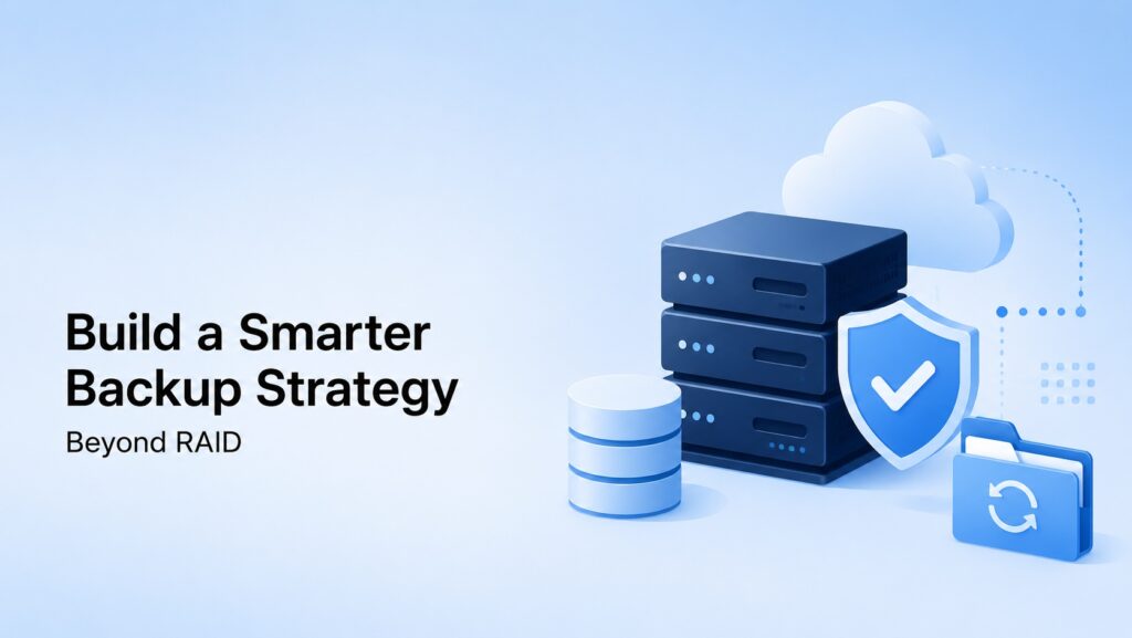 Backup_Strategy_Beyond RAID | Blogs Promotional illustration promoting a smarter backup strategy beyond RAID, featuring cloud, servers, a shield, and a backup folder on a blue background.