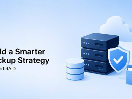 Promotional illustration promoting a smarter backup strategy beyond RAID, featuring cloud, servers, a shield, and a backup folder on a blue background.