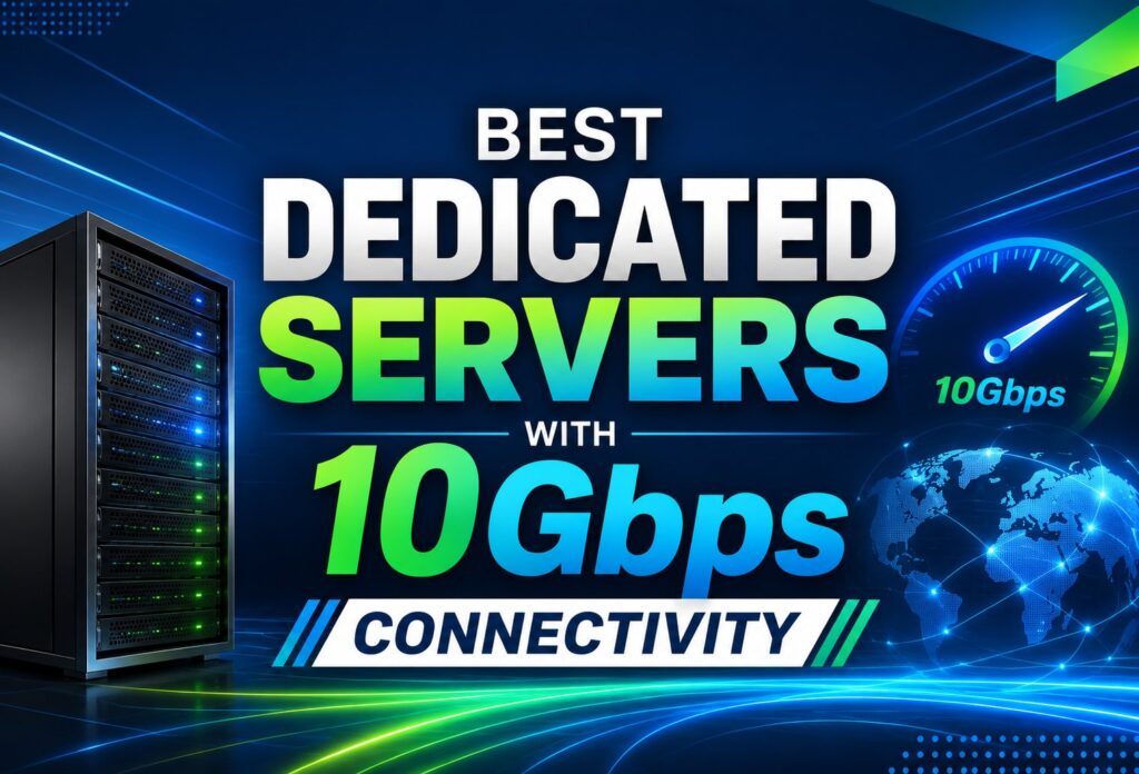 Best Dedicated Servers with 10Gbps Connectivity | Blogs Graphic promoting 'Best Dedicated Servers with 10Gbps Connectivity' showing a server rack on the left, bold text, a speedometer and a globe with network lines on a blue background.