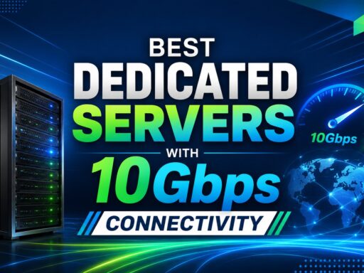 Graphic promoting 'Best Dedicated Servers with 10Gbps Connectivity' showing a server rack on the left, bold text, a speedometer and a globe with network lines on a blue background.