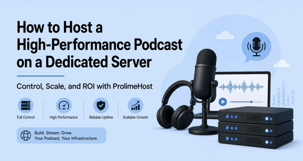 How to Host a High Performance Podcast on a Dedicated Server | Blogs Banner showing a microphone, headphones, and a stack of servers with the headline 'How to Host a High-Performance Podcast on a Dedicated Server' and a blue background focus on podcast hosting automation.