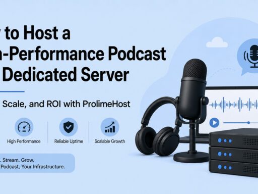 Banner showing a microphone, headphones, and a stack of servers with the headline 'How to Host a High-Performance Podcast on a Dedicated Server' and a blue background focus on podcast hosting automation.