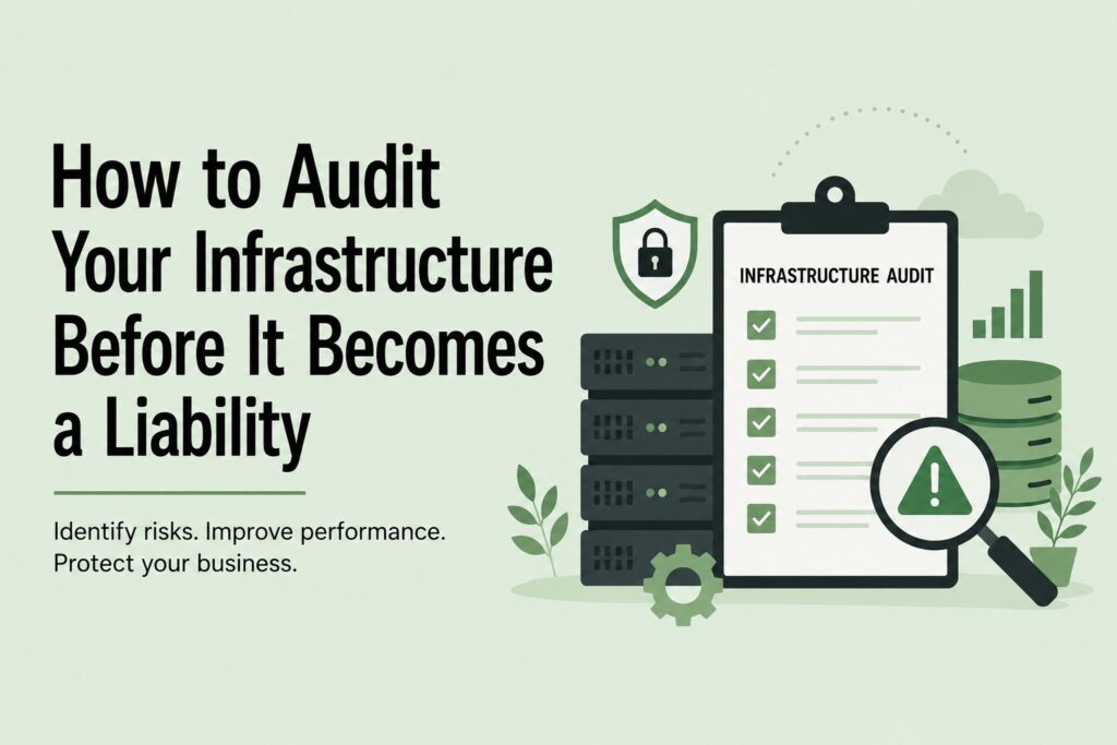 How to audit your infrastructure before it becomes a liability | Blogs Infographic about auditing IT infrastructure before it becomes a liability, showing a clipboard checklist, server stack, shield, gear, and a magnifying-glass warning icon on a green background.