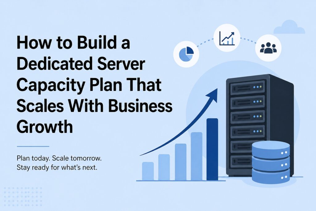 How to build a dedicated server capacity plan that scales with business growth | Blogs Illustration of a data server with a rising bar chart and growth arrows, symbolizing scalable capacity planning.