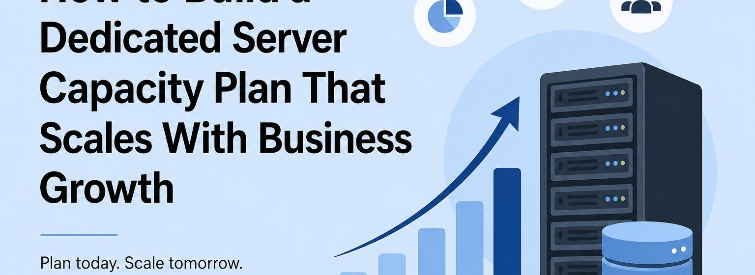 Illustration of a data server with a rising bar chart and growth arrows, symbolizing scalable capacity planning.