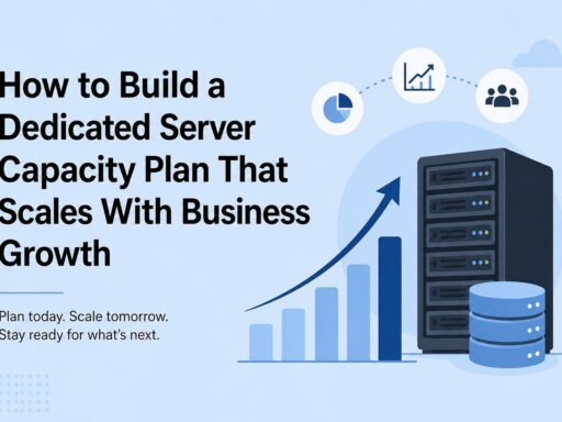 Illustration of a data server with a rising bar chart and growth arrows, symbolizing scalable capacity planning.