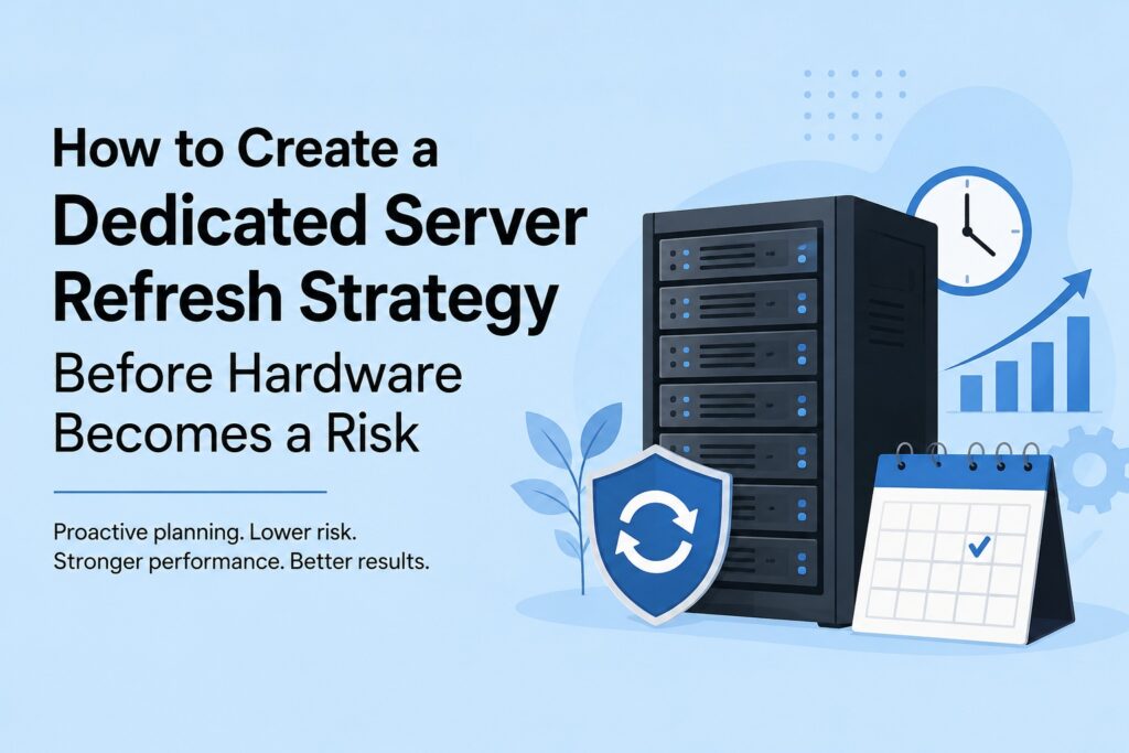 How to create a dedicated server refresh strategy | Blogs Blue illustration of a server rack with a shield, calendar, clock, and rising chart icons to represent a server hardware refresh strategy.