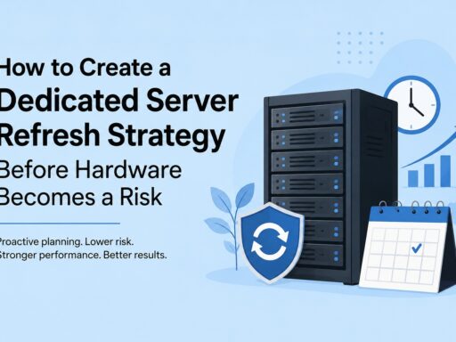 Blue illustration of a server rack with a shield, calendar, clock, and rising chart icons to represent a server hardware refresh strategy.