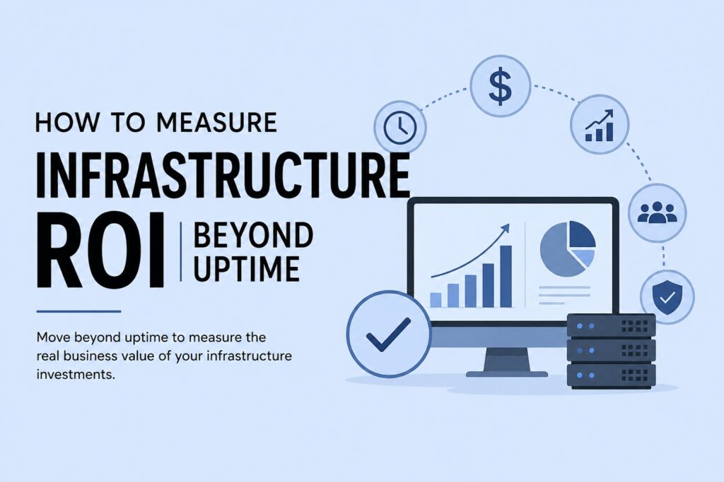 How to measure infrastructure roi beyond uptime | Blogs Infographic about measuring infrastructure ROI beyond uptime, with a monitor displaying charts and a server stack nearby.