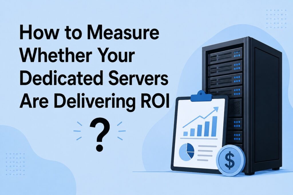How to measure whether your dedicated servers are delivering ROI | Blogs Infographic showing a server rack with a clipboard displaying charts and a dollar coin; title reads 'How to Measure Whether Your Dedicated Servers Are Delivering ROI'.