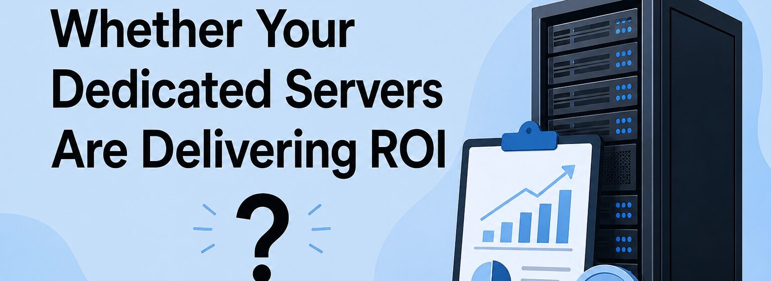 Infographic showing a server rack with a clipboard displaying charts and a dollar coin; title reads 'How to Measure Whether Your Dedicated Servers Are Delivering ROI'.