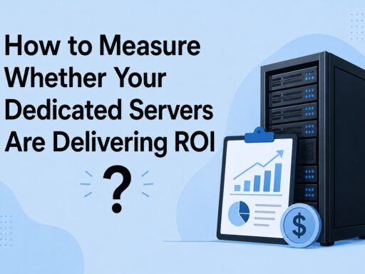 Infographic showing a server rack with a clipboard displaying charts and a dollar coin; title reads 'How to Measure Whether Your Dedicated Servers Are Delivering ROI'.
