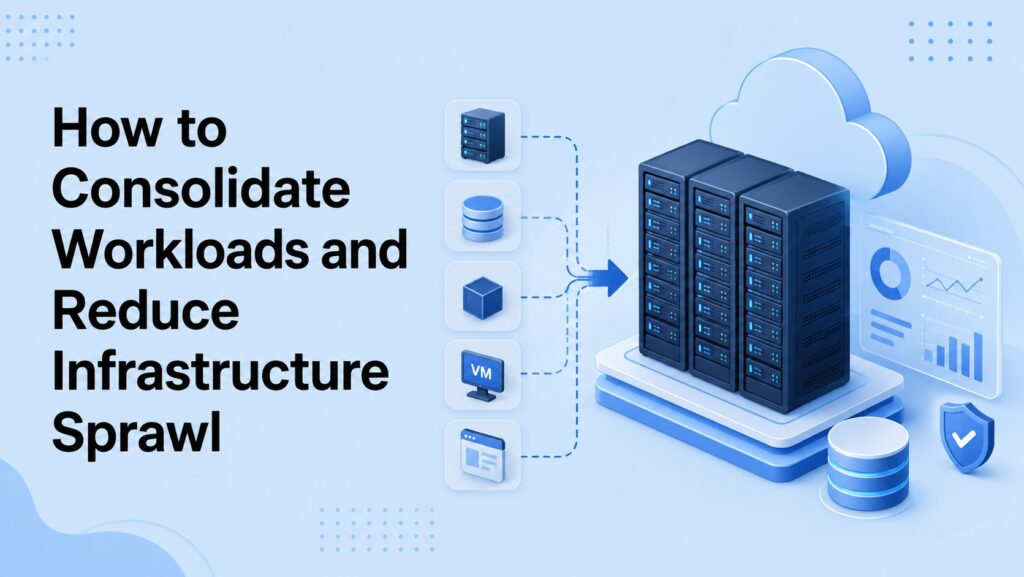 How_to_Consolidate_Workloads_and_Reduce_Infrastructure_Sprawl | Blogs Blue infographic banner showing server racks connecting to a cloud with the title 'How to Consolidate Workloads and Reduce Infrastructure Sprawl'.