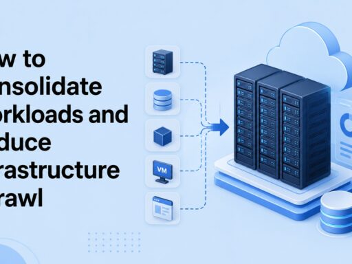 Blue infographic banner showing server racks connecting to a cloud with the title 'How to Consolidate Workloads and Reduce Infrastructure Sprawl'.