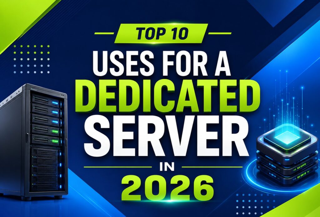 Top_10_Uses_for_a_Dedicated_Server_2026 | Blogs Banner announcing 'Top 10 Uses for a Dedicated Server in 2026' with servers and neon tech graphics on a blue background.