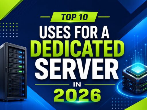 Banner announcing 'Top 10 Uses for a Dedicated Server in 2026' with servers and neon tech graphics on a blue background.