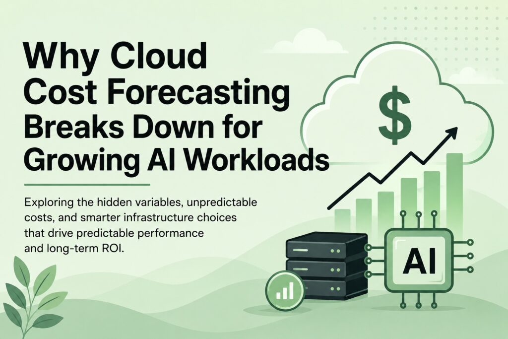Why cloud cost forecasting breaks down for growing AI workloads | Blogs Infographic on why cloud cost forecasting breaks down for growing AI workloads, with cloud, AI chip, servers, and a rising chart.