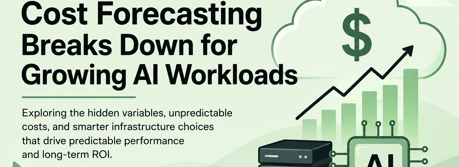 Infographic on why cloud cost forecasting breaks down for growing AI workloads, with cloud, AI chip, servers, and a rising chart.