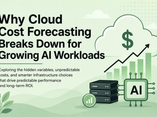 Infographic on why cloud cost forecasting breaks down for growing AI workloads, with cloud, AI chip, servers, and a rising chart.