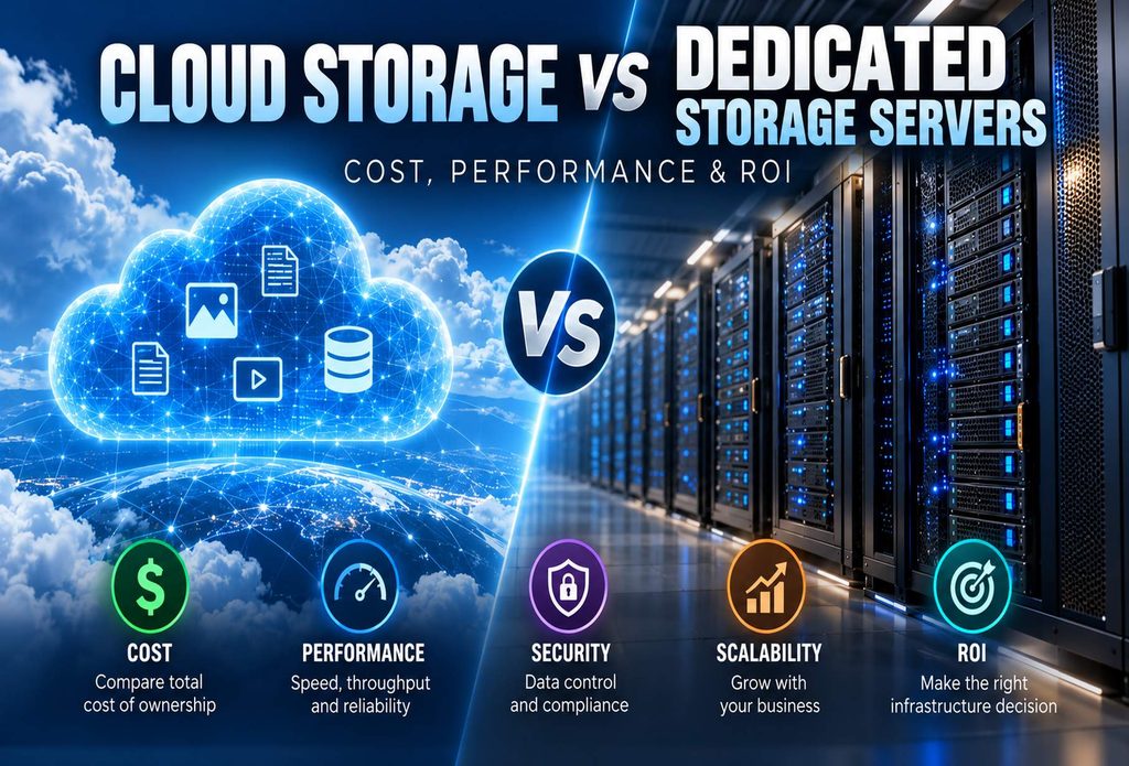 cloud storage vs dedicated servers storage | Blogs Comparison banner: Cloud storage vs dedicated storage servers with data icons and server racks in blue tones, highlighting cost, performance, security, scalability, ROI.