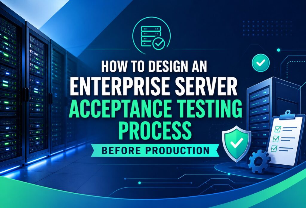 enterprise-server-acceptance-testing | Blogs Banner text: how to design an enterprise server acceptance testing process before production, with server racks and security icons in blue-green hues.
