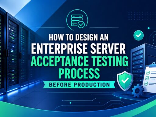 Banner text: how to design an enterprise server acceptance testing process before production, with server racks and security icons in blue-green hues.