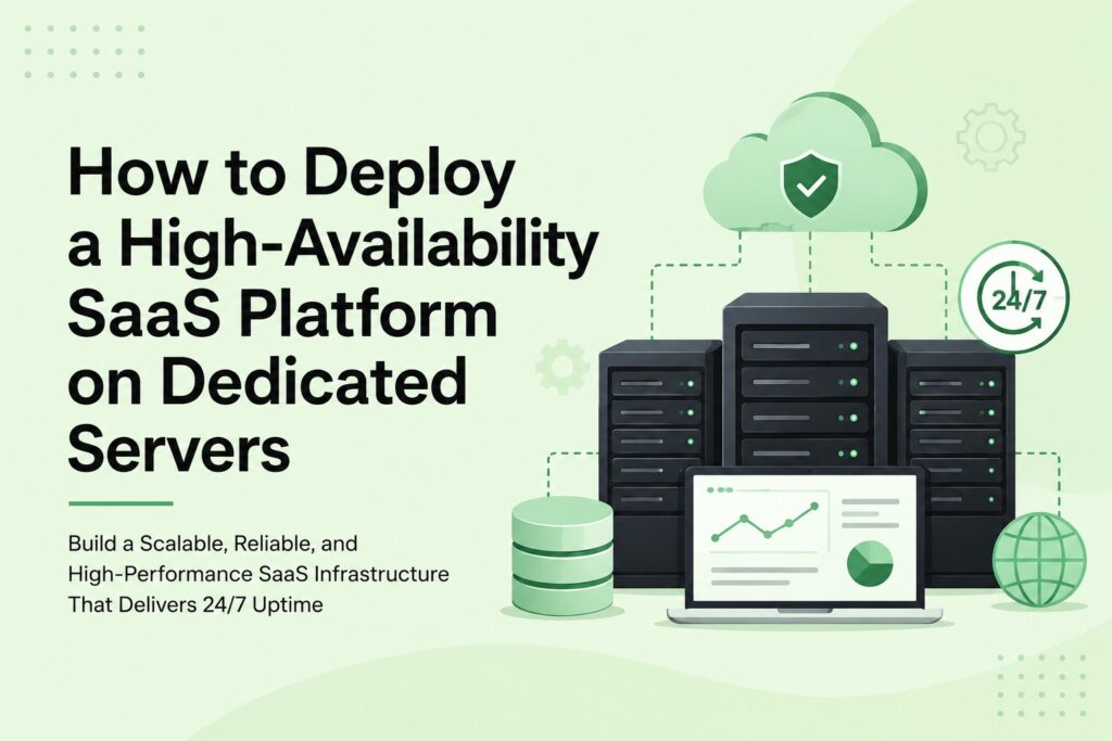 high_availability_saas_platform | Blogs Header illustration for a guide on deploying a high-availability SaaS platform on dedicated servers, with server racks, cloud, and a laptop showing analytics.