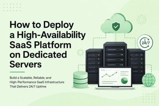 Header illustration for a guide on deploying a high-availability SaaS platform on dedicated servers, with server racks, cloud, and a laptop showing analytics.