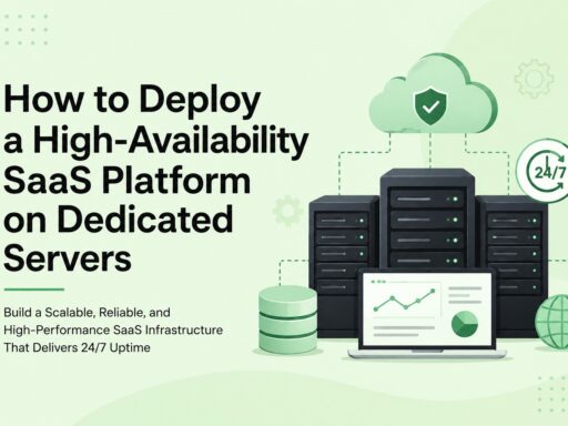 Header illustration for a guide on deploying a high-availability SaaS platform on dedicated servers, with server racks, cloud, and a laptop showing analytics.