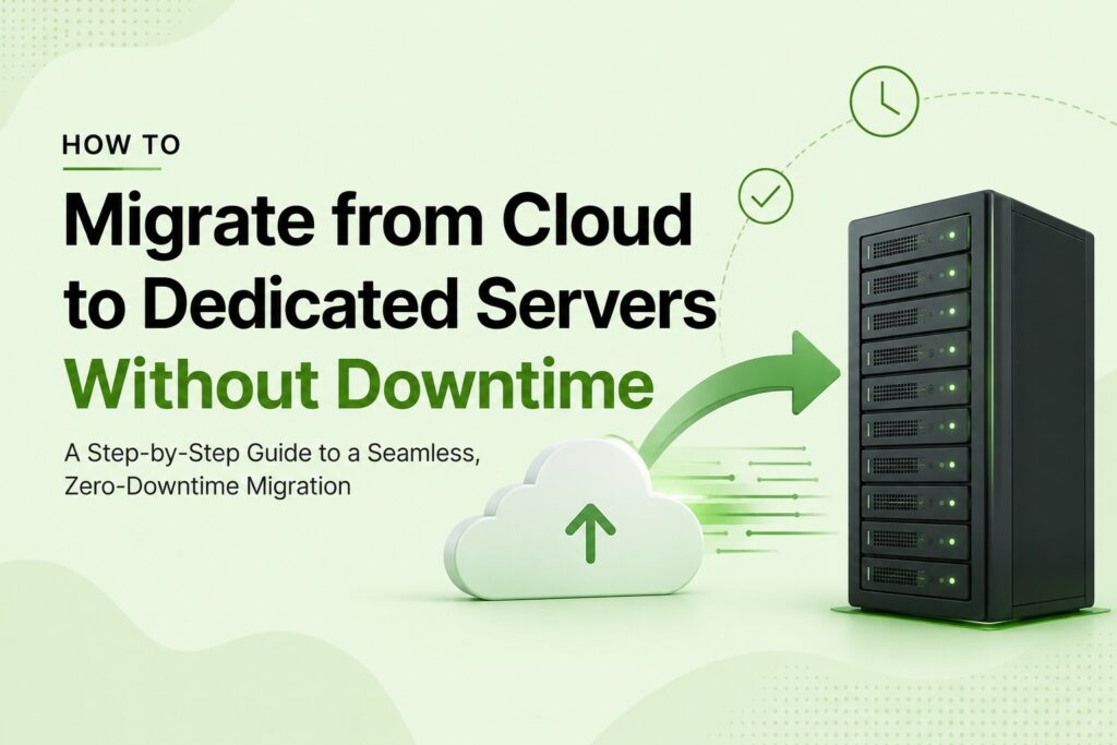 how to migrate from cloud to dedicated server in 2026 | Blogs Image showing a server rack on the right, a green cloud icon, and a large green arrow illustrating cloud-to-dedicated-server migration without downtime.