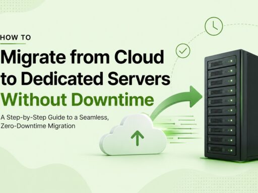 Image showing a server rack on the right, a green cloud icon, and a large green arrow illustrating cloud-to-dedicated-server migration without downtime.