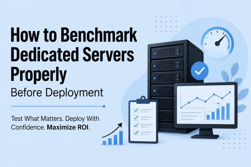 How to benchmark dedicated servers | Blogs Guide cover: 'How to Benchmark Dedicated Servers Properly Before Deployment' with servers, monitor, and charts on a blue background.