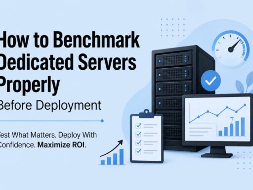 Guide cover: 'How to Benchmark Dedicated Servers Properly Before Deployment' with servers, monitor, and charts on a blue background.
