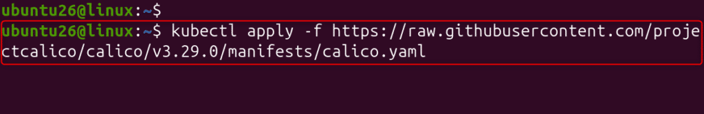 image | Blogs Shell terminal with a user@host prompt and a kubectl apply command loading Calico YAML from GitHub.