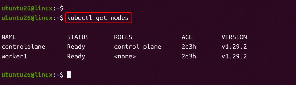 image | Blogs Terminal output: kubectl get nodes showing two nodes (controlplane and worker1) both Ready; control-plane on controlplane, AGE 2d3h, version v1.29.2.