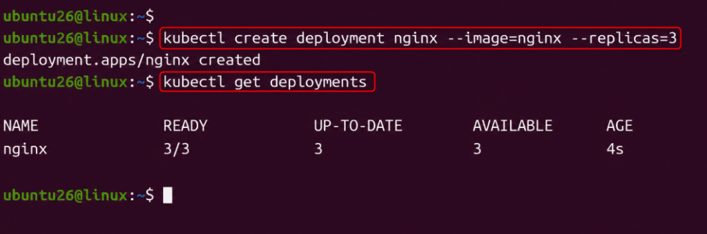 image | Blogs Terminal showing Kubernetes commands: create deployment nginx with 3 replicas, then kubectl get deployments; output lists nginx as READY 3/3, UP-TO-DATE 3, AVAILABLE 3, AGE 4s.