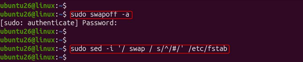 image | Blogs Linux terminal showing a user at ubuntu@linux:~$, running 'sudo swapoff -a' (password prompt appears), then 'sudo sed -i '/swap/s/^#//' /etc/fstab' to modify fstab and disable swap.