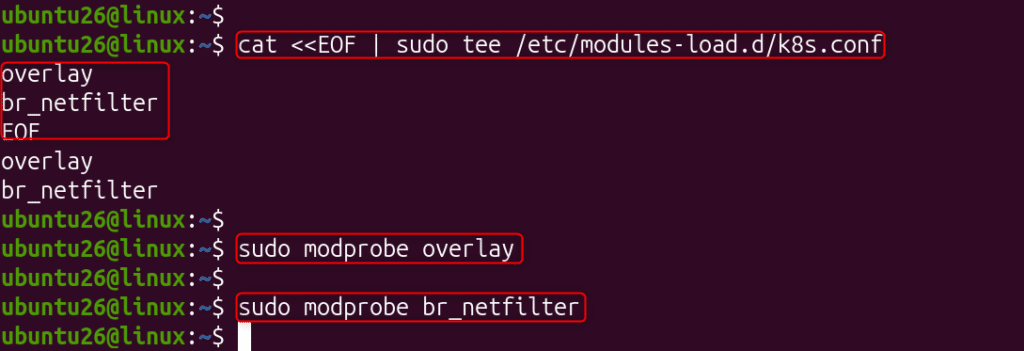 image | Blogs Terminal commands showing how to enable Kubernetes networking: create /etc/modules-load.d/k8s.conf with overlay and br_netfilter, then load overlay and br_netfilter kernel modules.