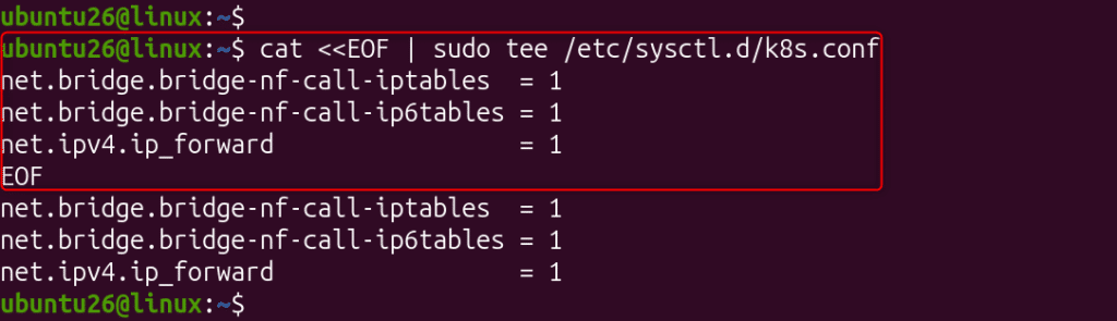 image | Blogs Terminal showing a here-doc that writes Kubernetes sysctl settings: net.bridge.bridge-nf-call-iptables=1, net.bridge.bridge-nf-call-ip6tables=1, net.ipv4.ip_forward=1, finished with EOF