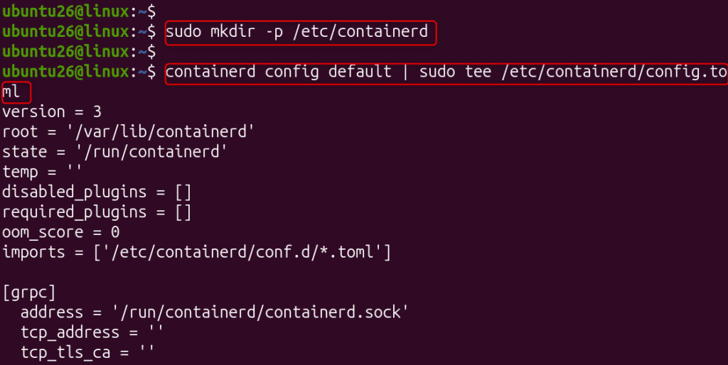 image | Blogs Ubuntu terminal showing commands to create /etc/containerd and write default config to /etc/containerd/config.toml