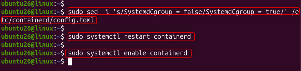 image | Blogs Terminal commands to enable SystemdGroup for containerd and restart/enable the service: sed to modify /etc/containerd/config.toml, then systemctl restart and enable containerd.