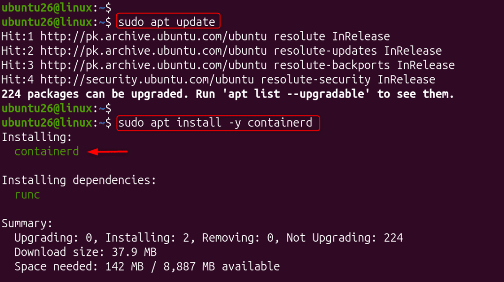 image | Blogs Terminal showing an Ubuntu shell; commands 'sudo apt update' and 'sudo apt install -y containerd' with upgrade/install summaries visible on screen.