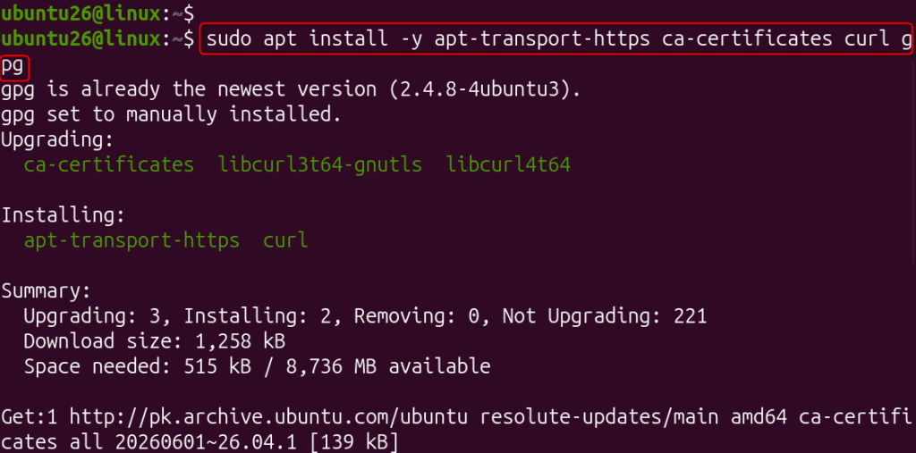 image | Blogs Terminal session showing a Linux command to install apt-transport-https, ca-certificates, and curl; includes upgrade/install summary and download size.