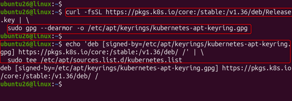 image | Blogs Linux terminal showing commands to add the Kubernetes apt key and repository: curl to fetch the key, import with gpg, and echo a deb line to kubernetes.list with sudo tee.