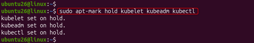 image | Blogs Terminal showing a command to pin Kubernetes packages: 'sudo apt-mark hold kubelet kubeadm kubectl'. Output confirms each package is set on hold.