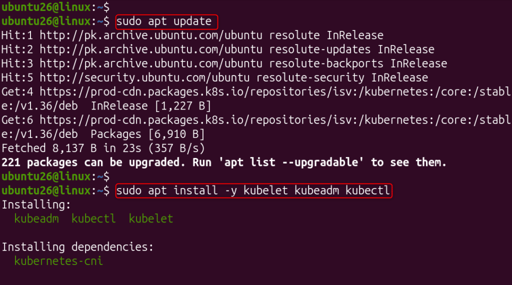 image | Blogs Terminal showing Linux commands: 'sudo apt update' and 'sudo apt install -y kubeadm kubelet kubectl' highlighted in red boxes, with package update lines above and install progress below.