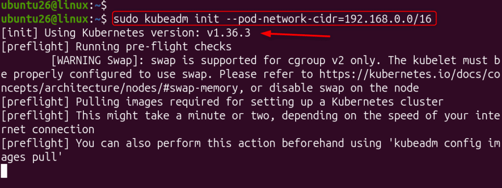 image | Blogs Ubuntu terminal running 'sudo kubeadm init --pod-network-cidr=192.168.0.0/16'; shows Kubernetes init with version v1.36.3 and preflight/check messages.